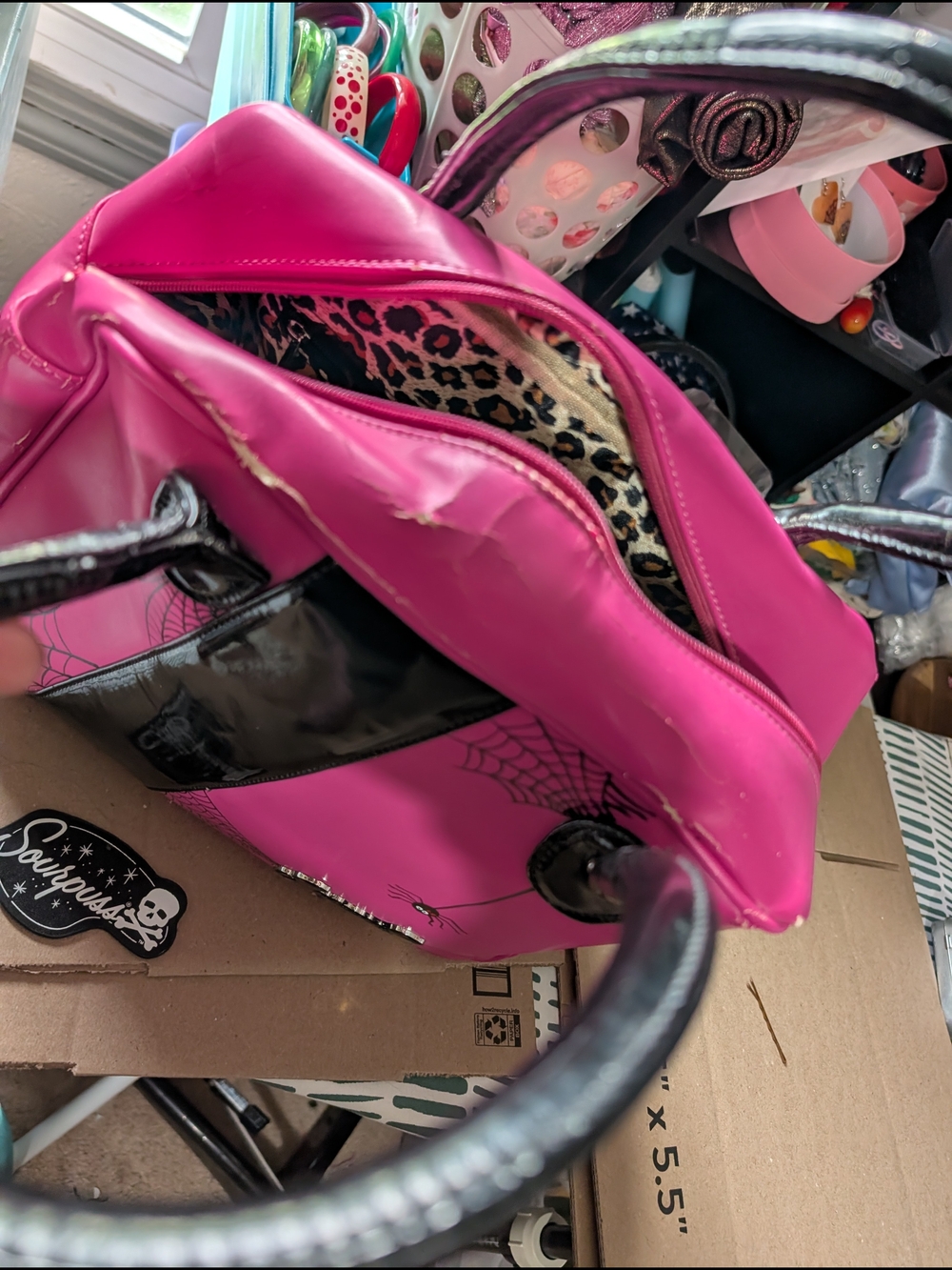 Sourpuss Pinstriped Pink Spiderweb Bowler Handbag - Picture 5 of 9